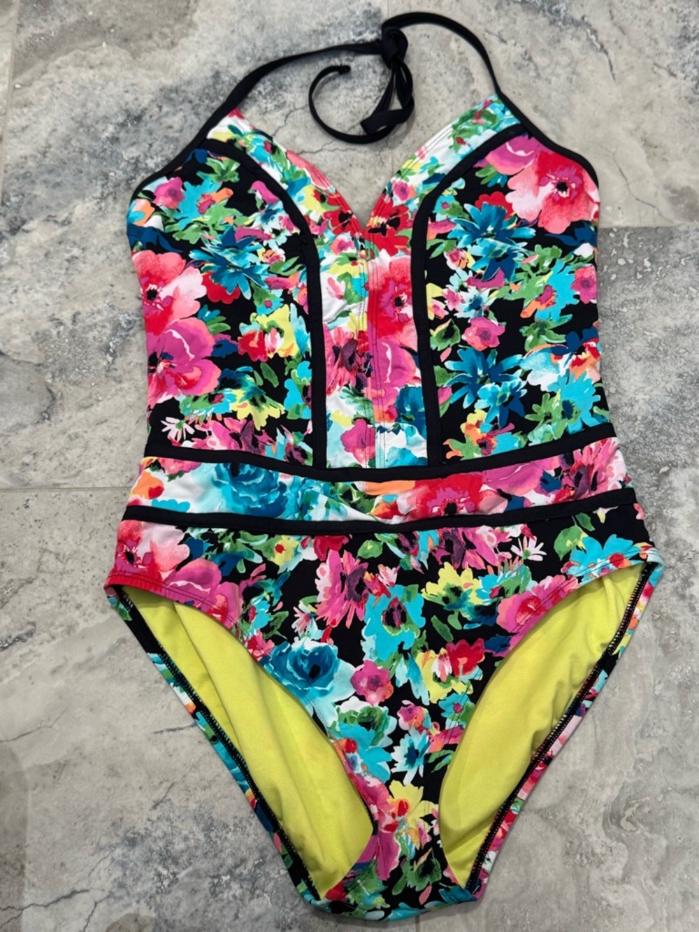Bleu Rod Beattie Floral One-Piece Swimsuit in Black with Multicolor Flowers